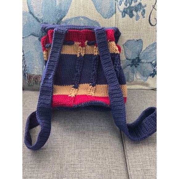 Handmade Crochet I Love Minnie Backpack Navy Red Tan Striped Disney Inspired - Picture 3 of 9